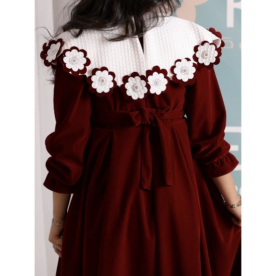 صورة فستان بناتي مخمل بياقة الزهور | فستان شتوي كلاسيكي - 1107